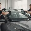 Dva servisera vakuumskim držačima polažu novo vjetrobransko staklo na automobil u servisu