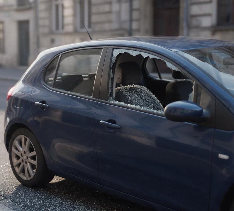 Automobil parkiran na ulici s razbijenim bočnim staklom i zrncima stakla na sjedalu i asfaltu